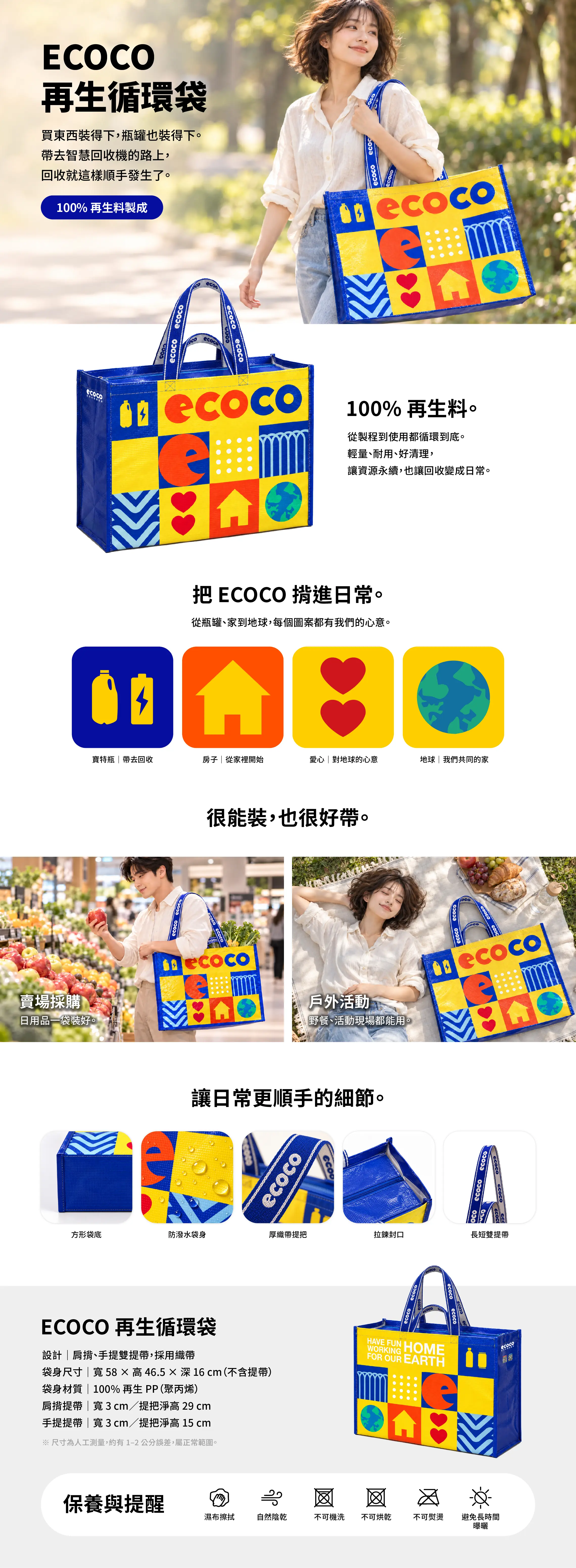ECOCO 再生循環袋介紹長圖：100% 再生料製成、圖案寓意、賣場採購與戶外使用情境、方形袋底、防潑水、厚織帶提把、拉鍊封口、長短雙提帶，尺寸寬 58 × 高 46.5 × 深 16 cm 與保養提醒