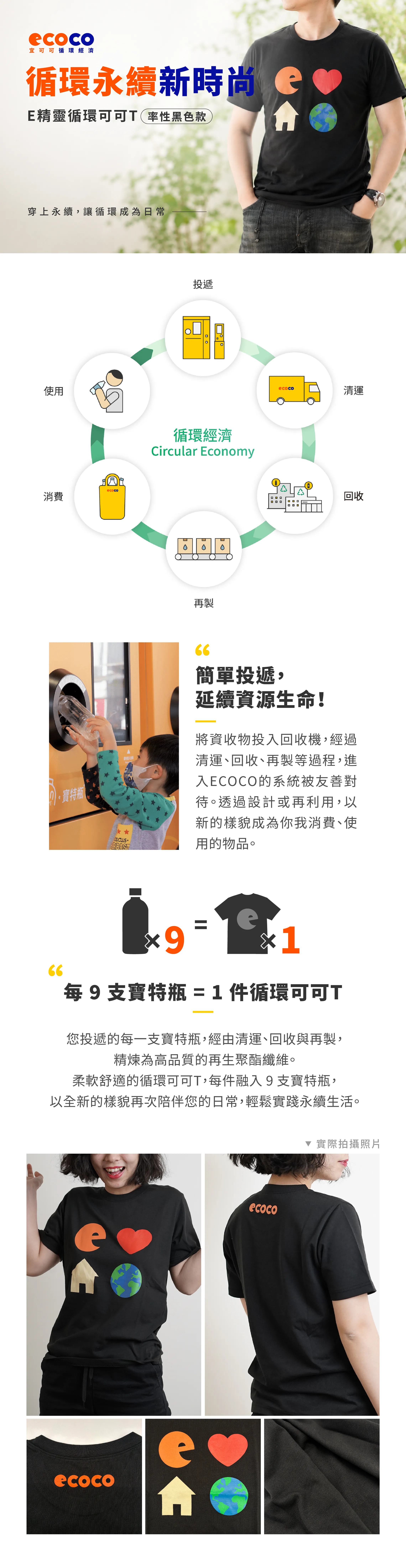 E精靈循環可可T 率性黑色款商品介紹:循環經濟流程、每 9 支寶特瓶製成 1 件、實際穿搭照