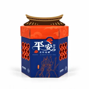 平平安安禮盒外觀：廟宇屋簷造型提把，藍色盒身印「平安相伴 美好延續」與兩側鏤空格窗