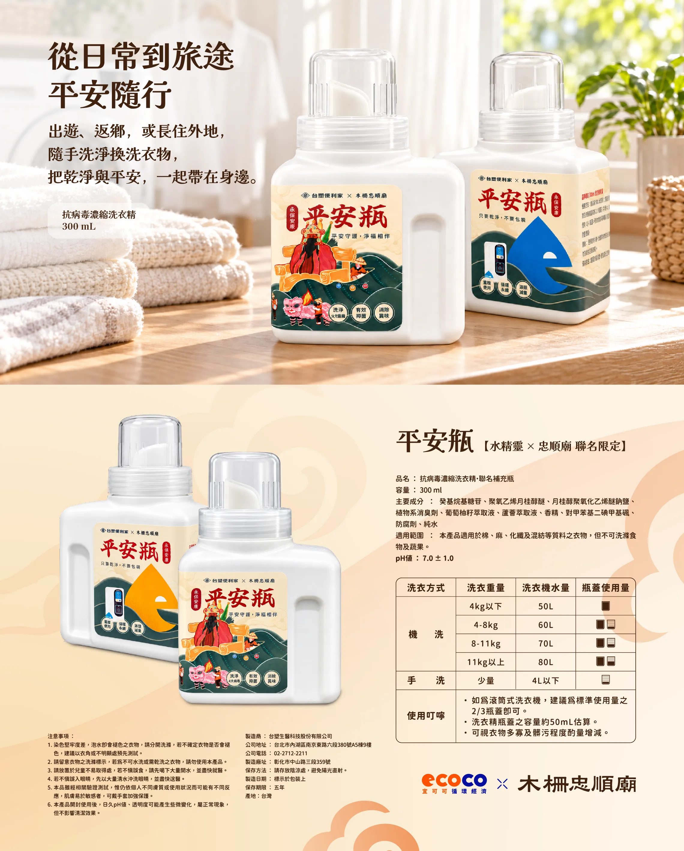 平安瓶介紹長圖:抗病毒濃縮洗衣精 300 mL,成分與洗衣用量表